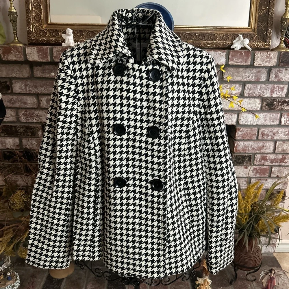 Charter Club Black and White Houndstooth Print Short Peacoat Sz L - Picture 1 of 4